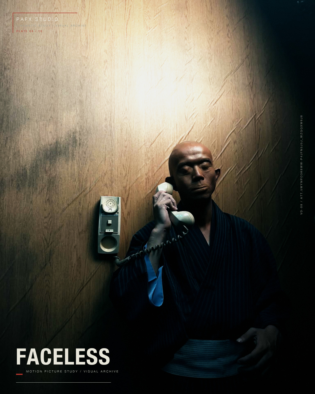 A wider cinematic portrait of the FACELESS character holding a telephone against a textured wall.
