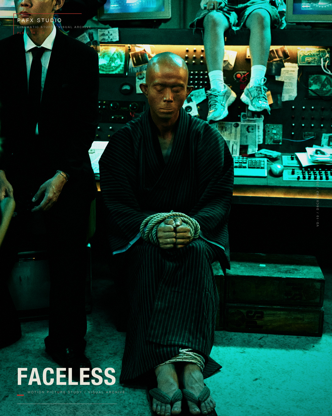 The completed FACELESS silicone character seated in a dark control-room setting for the TRANSLATE music video.