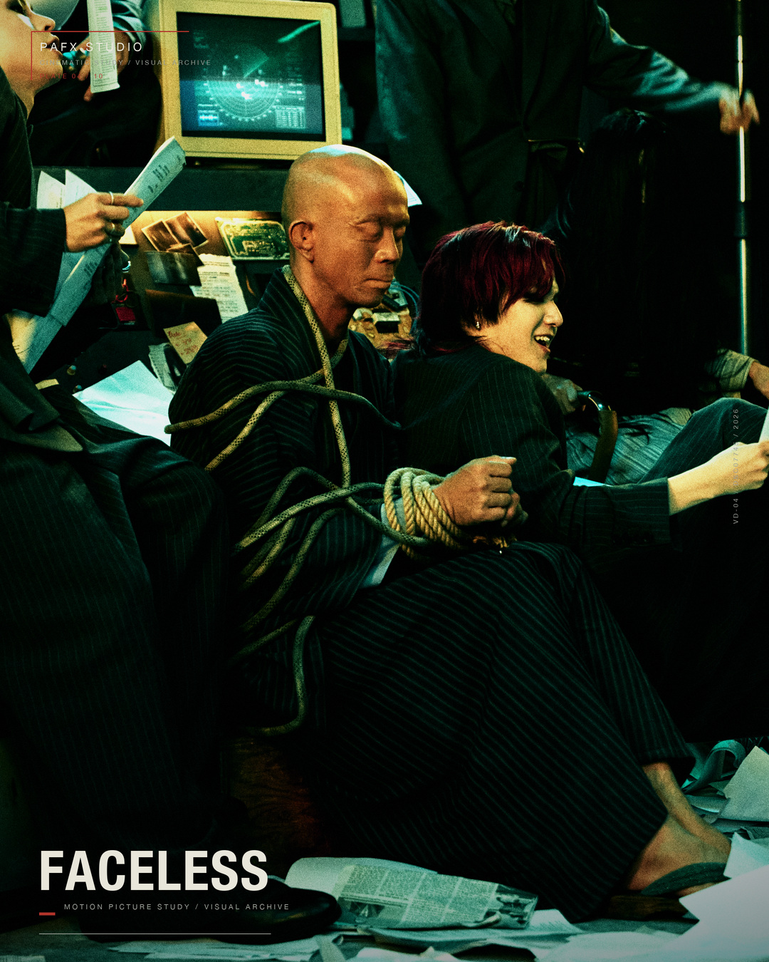 The FACELESS silicone character restrained in a chair during a cinematic scene from the TRANSLATE music video.