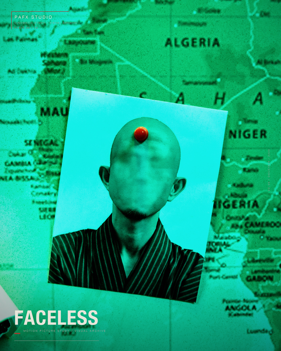 A faceless character portrait marked with a red pin and displayed over a map in the TRANSLATE music video set.