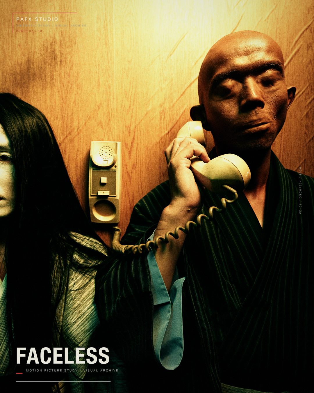 The FACELESS character holding a telephone in a warm-lit cinematic scene from the TRANSLATE music video.