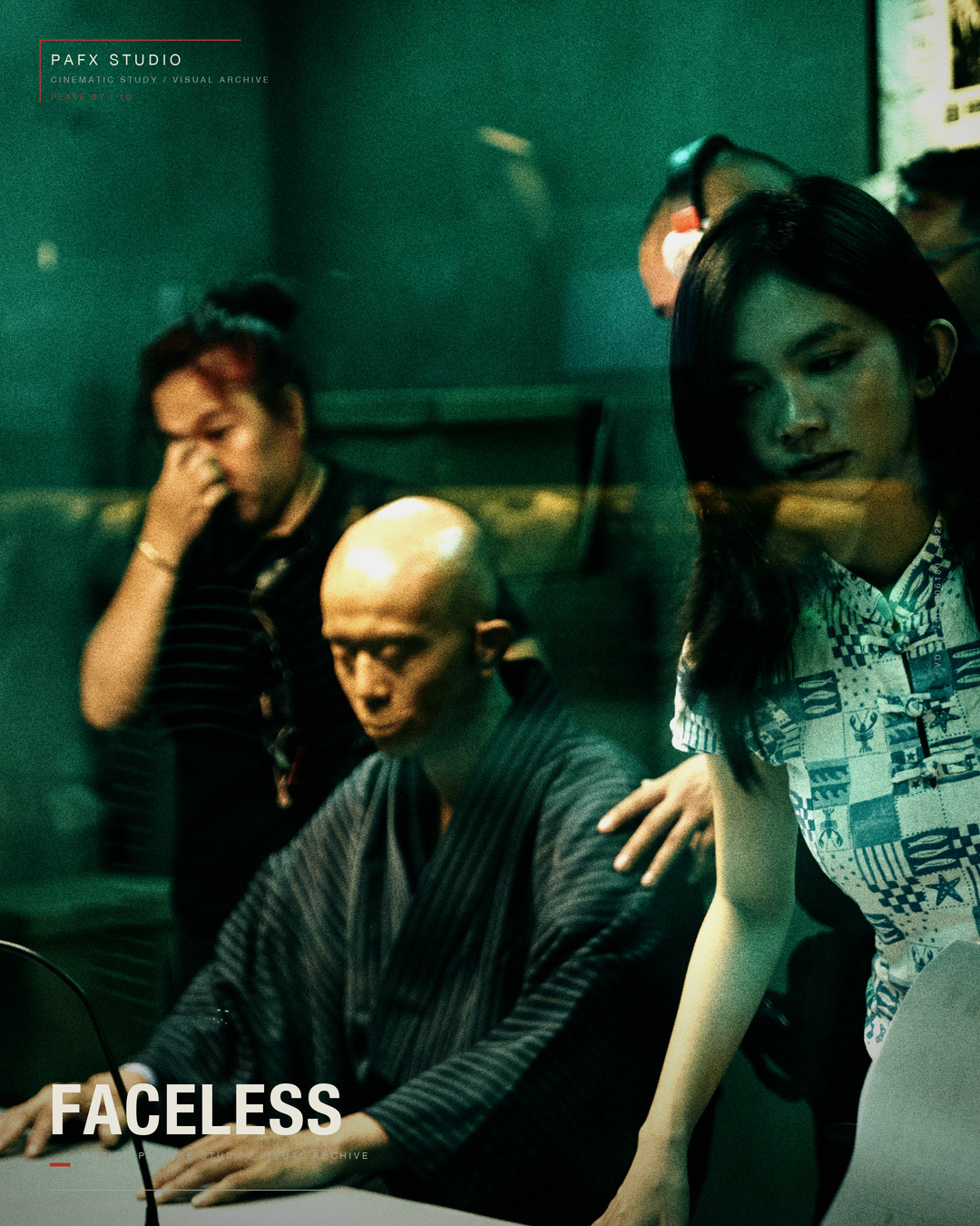Behind-the-scenes view of performer Quân Phạm seated while the FACELESS silicone prosthetic character is prepared on set.