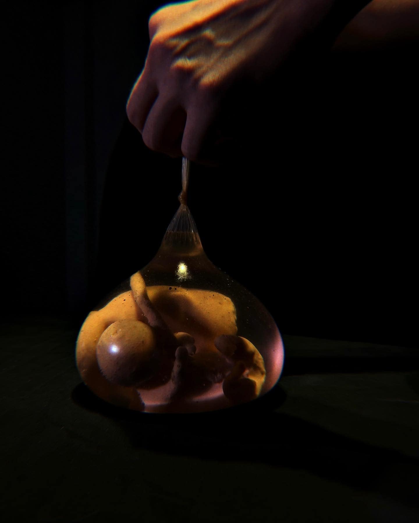 A hand holds a translucent practical fetal sac prop with a sculpted fetal form suspended inside, photographed against a dark background.